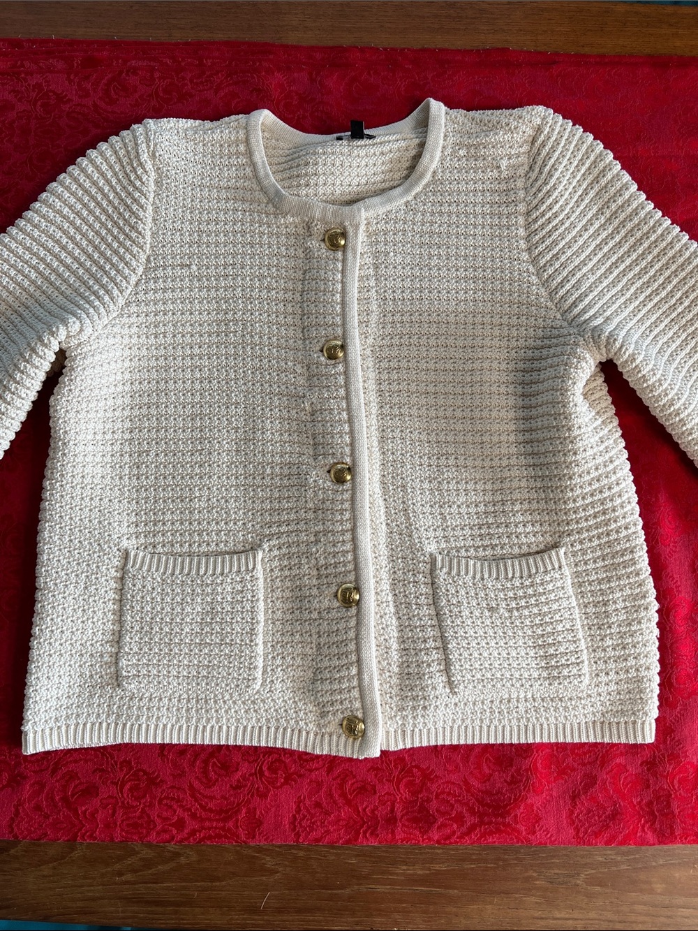Talbots Plus 1X Cream Textured Knit Cardigan Jacket Gold Buttons Pockets